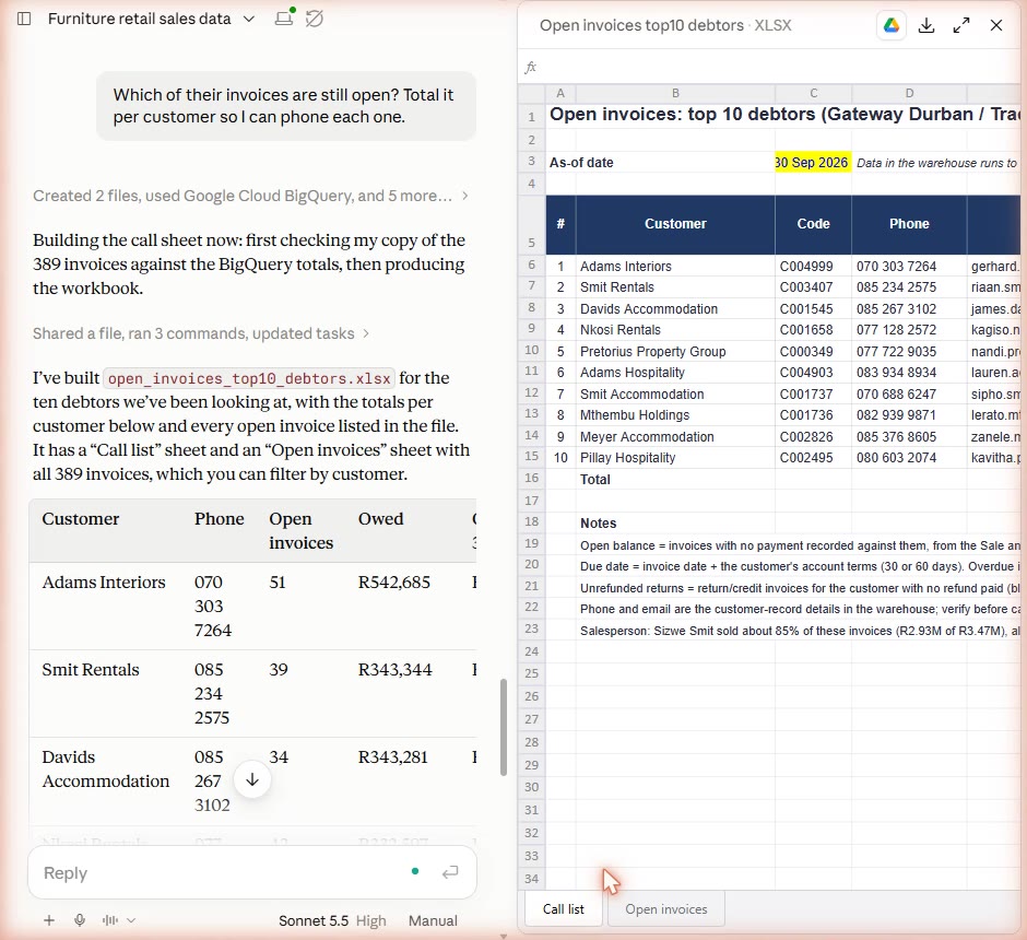 Claude's call list spreadsheet in the side panel: the ten debtors with codes and phone numbers, and a per-customer total in the chat.