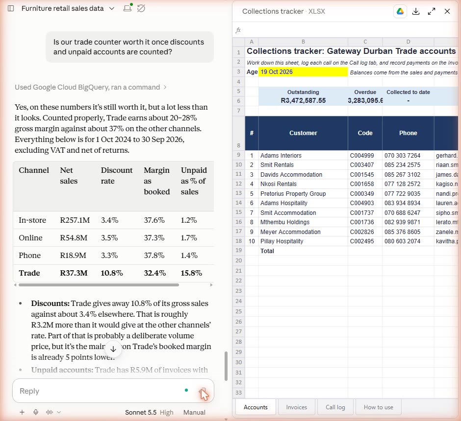 Claude's answer on the trade counter: a table by channel with net sales, discount rate, margin as booked and unpaid as a share of sales.