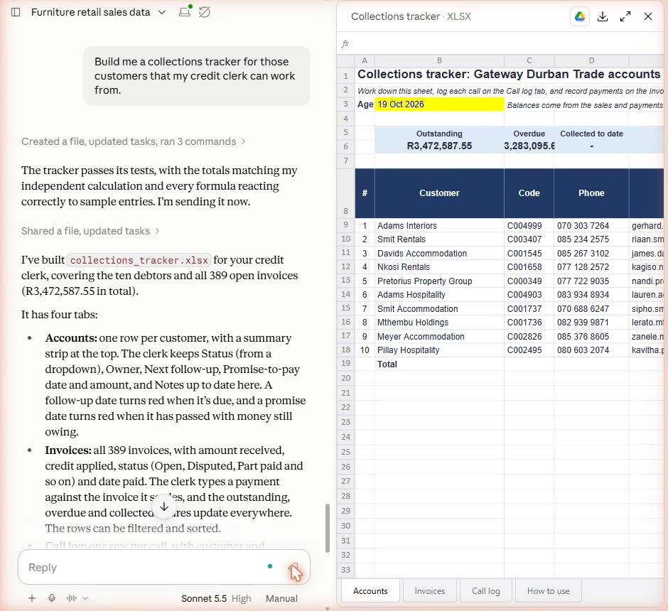 The collections tracker workbook: outstanding R3,472,587.55, one row per customer, with accounts, invoices, call log and how-to tabs.