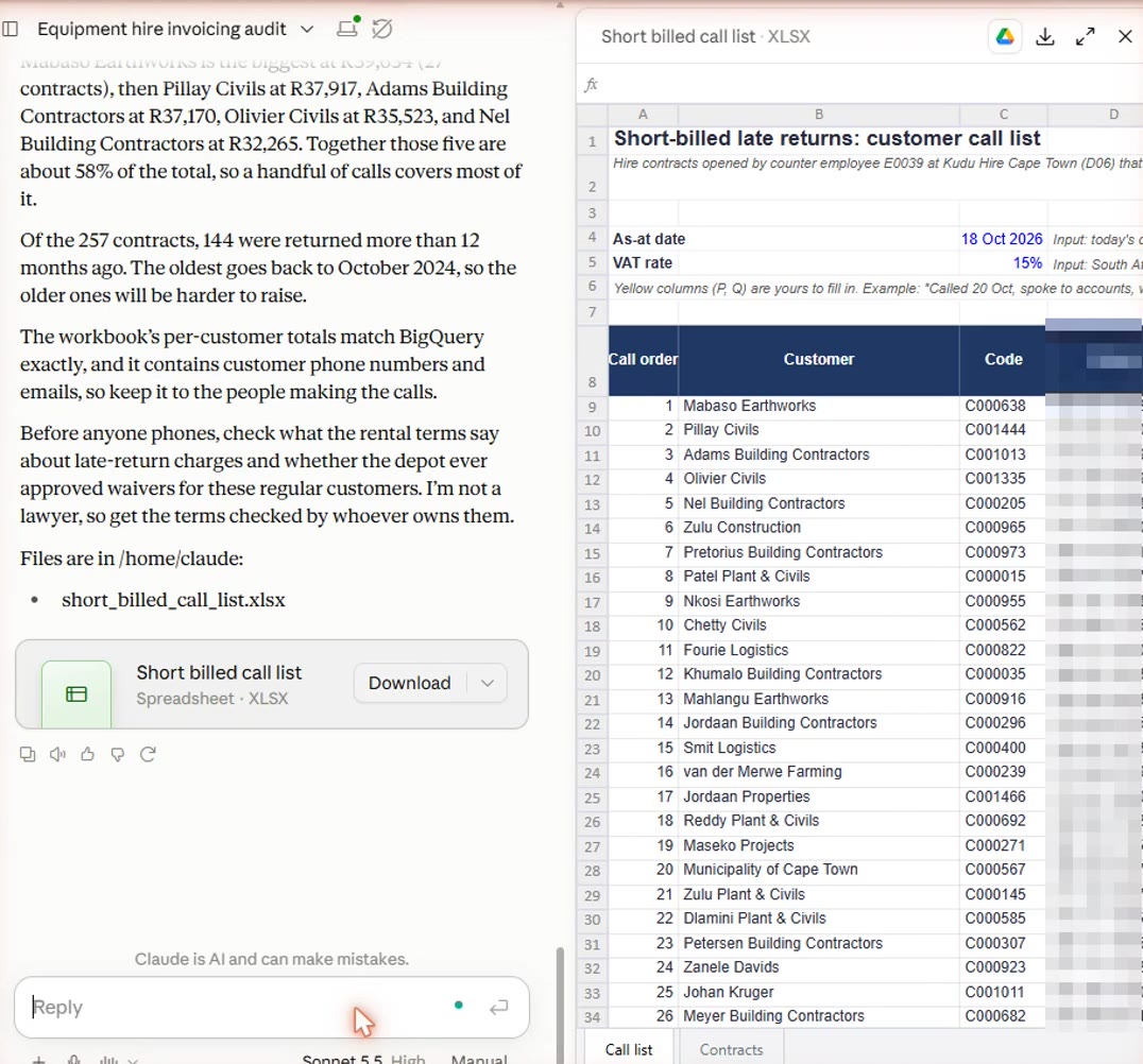 Claude's call list spreadsheet in the side panel: customers in call order with codes; the phone column is blurred.