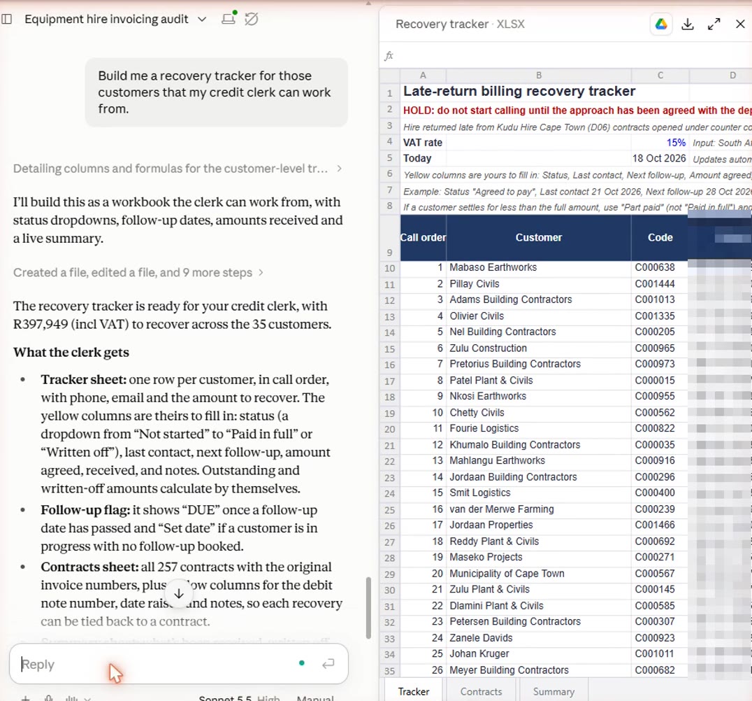 The recovery tracker workbook: tracker, contracts and summary tabs, one row per customer.