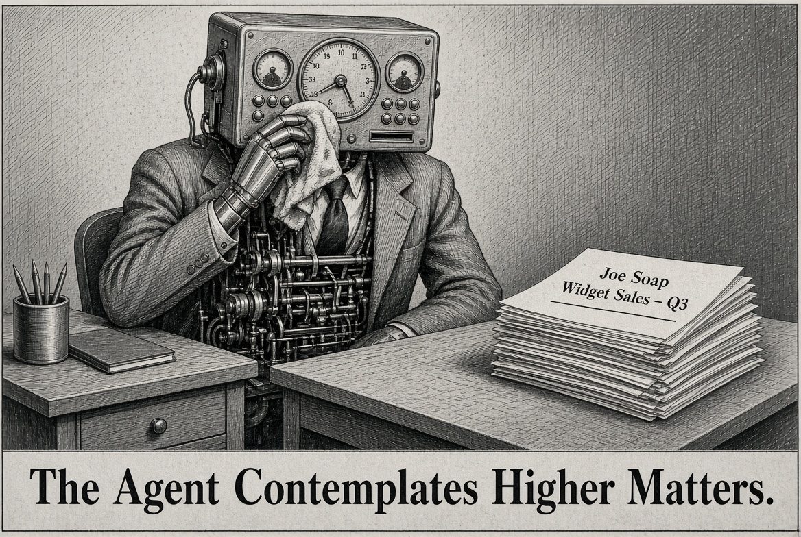 Newspaper-style illustration: a mechanical clerk in a suit wipes its dial with a cloth, ignoring a stack of papers labelled Joe Soap Widget Sales, Q3.