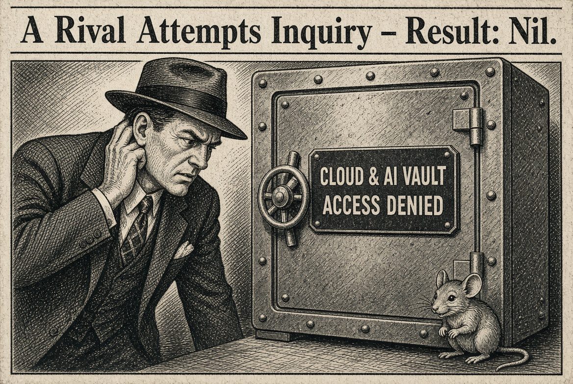 Newspaper-style illustration: a man in a hat presses his ear to a steel safe labelled Cloud and AI Vault, Access Denied, while a mouse watches.