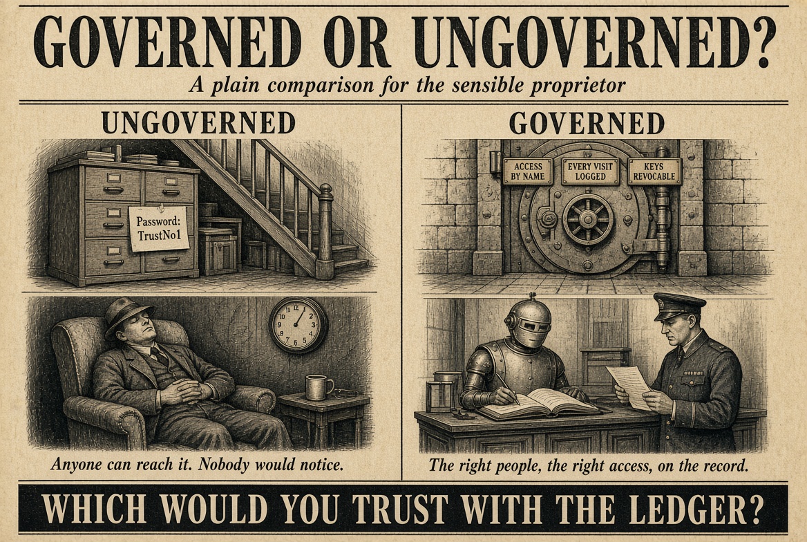 Newspaper-style infographic titled Governed or Ungoverned. Ungoverned: a filing cabinet under a staircase with a note reading Password: TrustNo1, and a night watchman asleep in an armchair; anyone can reach it, nobody would notice. Governed: a vault door with plaques reading Access by Name, Every Visit Logged and Keys Revocable, and a mechanical clerk signing a ledger beside an attendant; the right people, the right access, on the record. Banner: Which would you trust with the ledger?